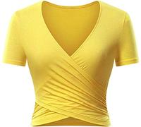 Uniquestyle T Shirt Jaune Femme Col V Manches Courtes Tee Shirt Tops Chics Haut Wrap Hauts Jaune L