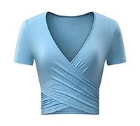 Uniquestyle Tee Shirt Court Femme Chic T-Shirt Col V Manches Courtes Tee Shirt Top Wrap Hauts Bleu XL