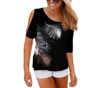 Uniquestyle Top Femme Chic Col Rond Épaules Manches Courtes Tee Shirt Top Haut Imprimé Plume Taille Loose Noire S