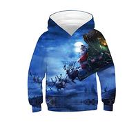 Unisex 3D Noël Enfants Sweat-Shirts à Capuche, Père Noël Elk Motif Automne Hiver Chaud Manches Longues avec Poche Capuche pour 6-14 Ans Garçons Filles (L (145-150cm),Nuit de Noel)