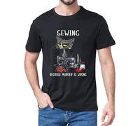 Unisex Angry Cat Sewing Because Murder is Wrong Funny Cat 100% Cotton Summer Men's Short Sleeve T-Shirt Streetwear Women Tee Black XL