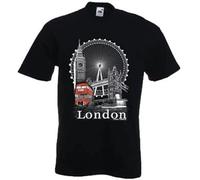 Unisex London Eye, London Bridge, Big Ben,Traditional Bus Printed Black T Shirt 100% Cottons Manches Courtes(Medium)