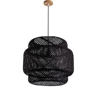 Unisex Watch Winder Bohemian Pendant Light Black Woven Chandelier Bamboo Rattan Rustic Lampshade Hollow Single Light Hanging Lamp with Wood Canopy Boho Living Room Farmhouse Hanging Light with