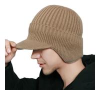 Unisex Winter Hat with Brim & Ear Flaps, Fleece Lined | Black plush winter hat with a short brim, integrated ear flaps and fleece lining for cold-weather wear