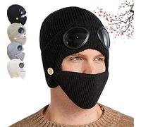 Unisex Winter Ski Beanie Hat with Goggles and Detachable Mask, 3-in-1 Unisex Knitted Goggles Beanie, Winter Warm Ski Mask for Outdoor Sports (Black)