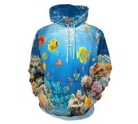 Unisexe 3D Récifs Coralliens Poissons Imprimé Sweat À Capuche Manches Longues pour Hommes Femmes, Monde sous-Marin Graphique Pull À Capuche Sweatshirt avec Poches à Cordon 2XL