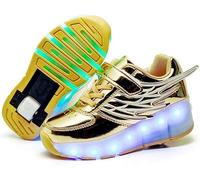 Unisexe Enfants Patins À roulettes Chaussures Amovible Devenir Sport Trainer USB Charge LED Chaussures Double Roues Jeune Fille Sports De Plein Air Croix pour Garçons Filles R, Gold, 33 EU