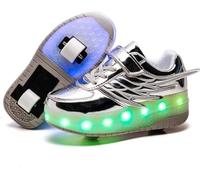 Unisexe Enfants Patins À roulettes Chaussures Amovible Devenir Sport Trainer USB Charge LED Chaussures Double Roues Jeune Fille Sports De Plein Air Croix pour Garçons Filles R, Silver, 31 EU