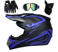 Unisexe Intégral Casque Motocross, Ensemble de 4 pièces, Une Descente Quad Moto Cross Accident Casque, avec Gants Lunettes Masque, Jeunesse Enfant Hors Route Moto Casque, Approuvé par le DOT(Black blu
