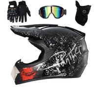 Unisexe Intégral Casque Motocross, Ensemble de 4 pièces, Une Descente Quad Moto Cross Accident Casque, avec Gants Lunettes Masque, Jeunesse Enfant Hors Route Moto Casque, Approuvé par le DOT(Black flo