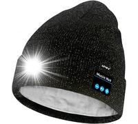 Unisexe LED Bluetooth Bonnet Lampe Frontale,USB Rechargeable 4 LED Musique Parleur Chapeau de Course Lumière Chaud Polaire Doublée Tricot Bonnet Cadeaux pour Hommes et Femmes.[F143]