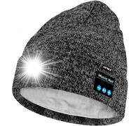Unisexe LED Bluetooth Bonnet Lampe Frontale,USB Rechargeable 4 LED Musique Parleur Chapeau de Course Lumière Chaud Polaire Doublée Tricot Bonnet Cadeaux pour Hommes et Femmes.[F144]