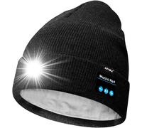 Unisexe LED Bluetooth Bonnet Lampe Frontale,USB Rechargeable 4 LED Musique Parleur Chapeau de Course Lumière Chaud Polaire Doublée Tricot Bonnet Cadeaux pour Hommes et Femmes.[F150]