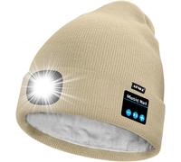 Unisexe LED Bluetooth Bonnet Lampe Frontale,USB Rechargeable 4 LED Musique Parleur Chapeau de Course Lumière Chaud Polaire Doublée Tricot Bonnet Cadeaux pour Hommes et Femmes.[F155]