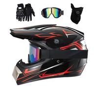 Unisexe MTB Casque de Motocross, avec Lunettes Gants Masque, Jeunesse Enfant Intégral Hors-Piste Rue Moto VTT Casques, Extérieur Sport Descente Enduro BMX Dirt Bike Accident Casque(Red,S/52-53CM)