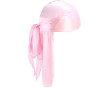 Unisexe Polyester Turban Cap Silky Durag Longue Queue Larges Bretelles Headwraps Lisse Dôme Pirate Cap Solide Couleur Motard Turban Pour Les Femmes Foulard Hommes Rose