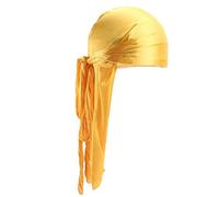 Unisexe Polyester Turban Cap Silky Durag Longue Queue Larges Bretelles Headwraps Lisse Dôme Pirate Cap Solide Couleur Motard Pour Les Femmes Turban Foulard Hommes Jaune