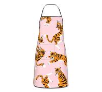 Unisexe Tablier De Cuisine Animaux De Cirque Tigres Mignons sur Fond Rose Tablier De Nettoyage avec Poche Professionnel Chef Tabliers, pour Travail, Serveuse, Fête des Mères, 52x72cm