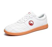 Unisexe Tai Chi WU Shu Kung Fu des Chaussures Respirant Antidérapant Sport Gym Sneaker pour Daily Entraînement Matin des Exercices (Cuir Blanc, 41)