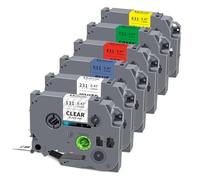 Unismar Lot de 6 rubans adhésifs compatibles avec Brother P Touch TZe-231 131 431 531 631 731 TZe TZ 12 mm 0,47 mm laminé transparent/blanc/rouge/bleu/jaune/vert pour étiqueteuse Ptouch PT-D210 D220