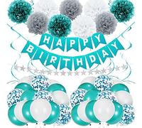 Unisun Anniversaire fête Décoration 47Pcs Teal Bleu Joyeux Anniversaire Bannière Argent Star Bunting Suspendu Spirale Vert Gris Blanc Papier De Soie Pompons Latex Confitte Ballons Fournitures Décor