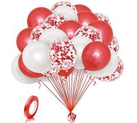Unisun Ballons Rouges Blancs 12" et Confettis Avec Ruban - 30 Pcs en Latex Naturel pour Décorations de Fête d'Anniversaire, Mariage, Baby Shower, Articles de Fête