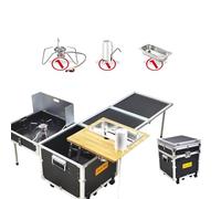 Unité de cuisine de camping avec cuisinière et évier | Table de camping portable avec roulettes, boîte de cuisson et batterie de cuisine pour 2 à 4 personnes