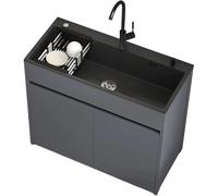 Unité d'Évier Moderne avec Rangement pour Studio et Balcon, cuve en inox nano noir avec meuble en aluminium alvéolaire, poignée encastrée, design anti-débordement,accessoires complets