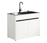 Unité d'Évier Moderne avec Rangement pour Studio et Balcon, cuve en inox nano noir avec meuble en aluminium alvéolaire, poignée encastrée, design anti-débordement, accessoires complets