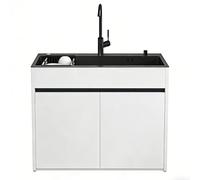 Unité d'Évier Moderne avec Rangement pour Studio et Balcon, cuve en inox nano noir avec meuble en aluminium alvéolaire, poignée encastrée, design anti-débordement, accessoires complets