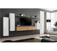 Meuble TV Mural Design "Switch I" 330cm Blanc & Naturel