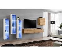 Meuble TV Mural Design "Switch XIII" 330cm Naturel & Blanc
