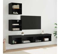 Unité Murale TV Moderne avec Éclairage LED, 5 Pièces en Bois d'Ingénierie Chêne Noir, Étagères en Verre Trempé, Rangement Salon Murale pour Espace Réduit, Design Épuré Contemporain