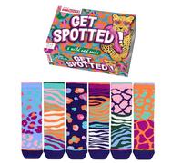 United Oddsocks Get Spotted Coffret cadeau pour femme - 6 chaussettes à imprimé animal sauvage dépareillées dans des couleurs vives - UK 4-8, US 6,5-10,5, EUR 37-42 - Coffret cadeau riche en coton