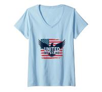 United We Stand Emblème Patriotique Aigle Drapeau américain T-Shirt avec Col en V, Femme, Bleu Céleste, S