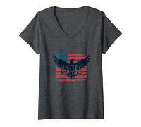United We Stand Emblème Patriotique Aigle Drapeau américain T-Shirt avec Col en V, Femme, Chiné Foncé, M