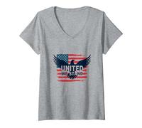 United We Stand Emblème Patriotique Aigle Drapeau américain T-Shirt avec Col en V, Femme, Gris Chiné, XL