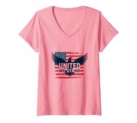 United We Stand Emblème Patriotique Aigle Drapeau américain T-Shirt avec Col en V, Femme, Rose, M