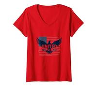 United We Stand Emblème Patriotique Aigle Drapeau américain T-Shirt avec Col en V, Femme, Rouge, L