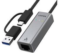 Unitek Adaptateur USB-A/C NA RJ45 2,5 G Ethernet | U1313C | Wtyk USB-C i Adaptateur USB-A | Obsługa 10/100/1000/2500 Mbps Ethernet | Boîtier en Alliage d'aluminium | Longueur du câble : 30 cm |