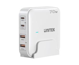 UNITEK P1229AWH01-EU Chargeur Secteur Universel 70W, 2x USB-C Power Delivery 3.0 + 2x USB-A 3.2 Gen 1, GaN, Quick Charge 3.0, PPS, Blanc, Protections Multiples