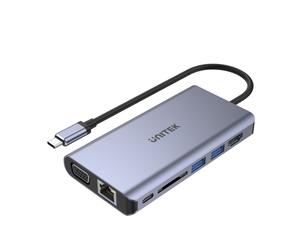 UNITEK uHUB O8+ Dock USB-C 3.2 Gen 1 Space Grey - USB-C PD 100W, HDMI 1.4 4K, VGA, RJ45 Gigabit, Lecteur SD/MicroSD, Audio 3.5mm, 2x USB 2.0