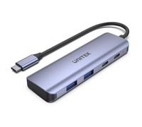 UNITEK Aluminium 4 en 1 USB 3.2 Gen1 Transfert de données 5 Gbps Câble intégré 15 cm avec connecteur USB-C 4 Ports 2 x USB-C 2 x USB-A Plug and Play Couleur Gris sidéral Recommandé pour Les MacBooks
