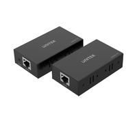 UNITEK V100A : Émetteur réseau HDMI Cat6, portée 60m, RJ-45, 5V 1A, dimensions 81x43x22mm, indicateur d'état, adaptateur secteur inclus, kit de 2 pièces.