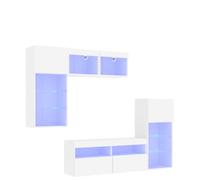 Unités murales TV avec LED Blanc Bois d'ingénierie 5 pièces Design Suspendu avec Grand Rangement pour Salon séjour Bureau, Meuble TV Moderne avec Compartiment, Niche et Support écran