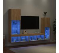 Unités murales TV avec LED RVB 4 pcs chêne Sonoma Bois d'ingénierie, Meuble TV Flottant avec Rangement, Support Mural pour Salon, Console multimédia Moderne
