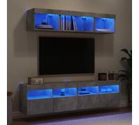 Unités murales TV Gris béton en Bois d'ingénierie 5 pcs avec éclairage LED RVB, Meuble TV Flottant avec Rangement, Support Mural pour Salon ou Chambre, Design Moderne et Fonctionnel