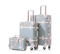 Unitravel Lot de 3 Valises Vintage Féminines en Cuir PU, Valise Rétro avec Trousse de Maquillage, Serrure TSA, Bleu Embossé