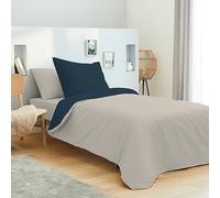 univers decor - Pack Complet 4 pièces Bicolore réversible Housse de Couette 140 x 200 cm pour lit 90 x 190 cm 100% Coton / 57 Fils/cm² (Lin/Marine, Housse de Couette 140 x 200 cm lit 90 x 190 cm)