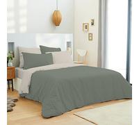 univers decor - Pack Complet 6 pièces Bicolore réversible Housse de Couette pour lit 140 x 190 cm 100% Coton / 57 Fils/cm² (Eucalyptus/Lin, Pack Complet 6 pièces Bicolore lit 140 x 190 cm)